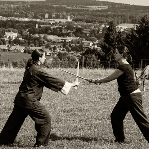 Tai Chi Schülerinnen beim Praktizieren der Schwert-Partnerform - Foto: Ralf Eiser Tai Chi Schülerinnen beim Praktizieren der Schwert-Partnerform - Foto: Ralf Eiser
